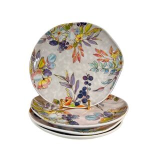 4 Grace Teaware Floral Fruit 10" Dinner Plate Set Porcelain Botanical Colorful